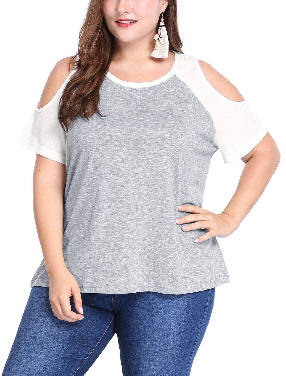 Women's Plus Size Contrast Short Sleeve Cold Shoulder T-Shirt Top Summer Tee