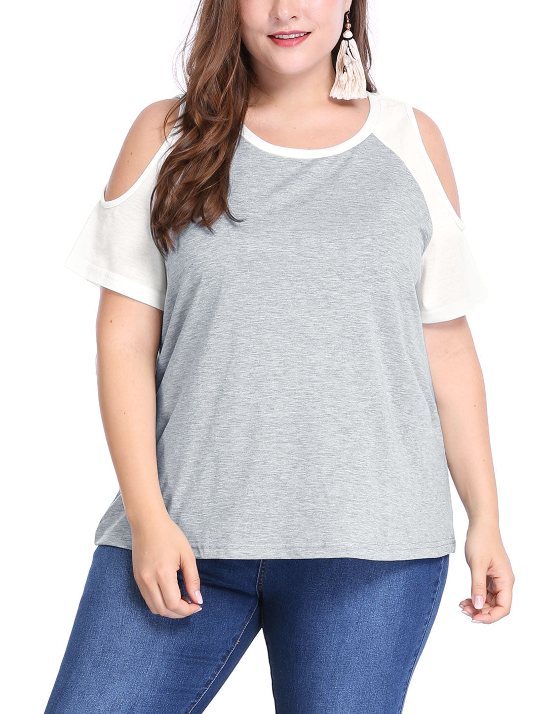 Women's Plus Size Contrast Short Sleeve Cold Shoulder T-Shirt Top Summer Tee