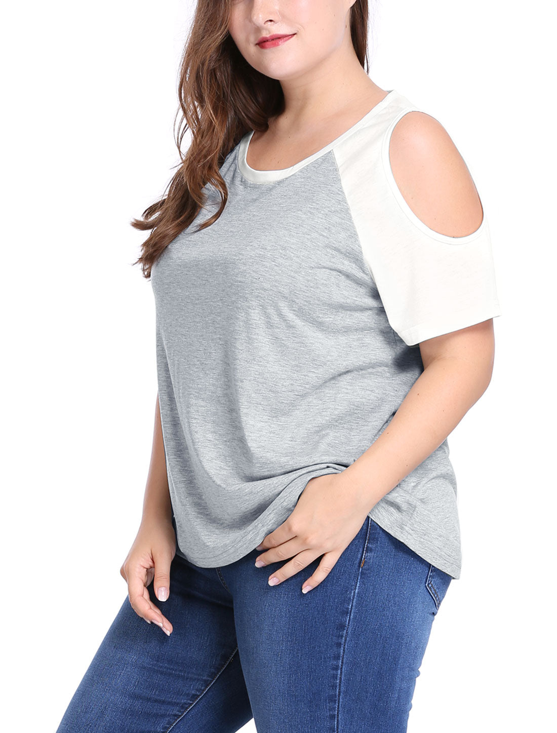 Women's Plus Size Contrast Short Sleeve Cold Shoulder T-Shirt Top Summer Tee