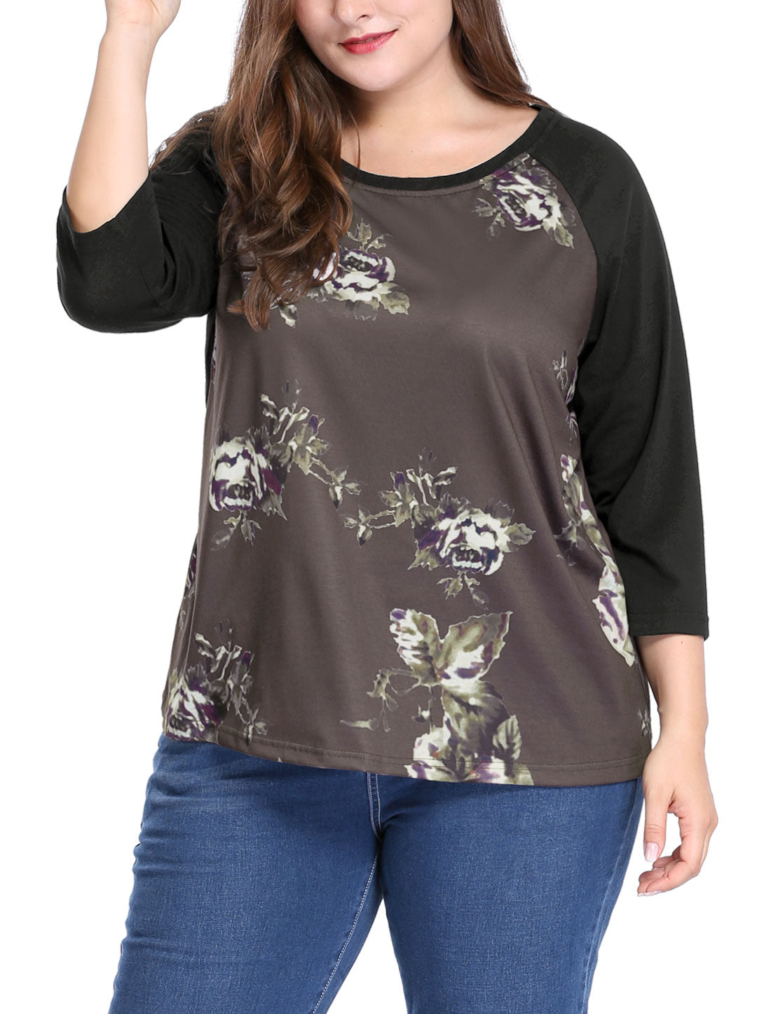 Women's Plus Size Raglan Crewneck 3/4 Sleeve Tunic Tee Shirt Floral Print T-Shirt Casual Top