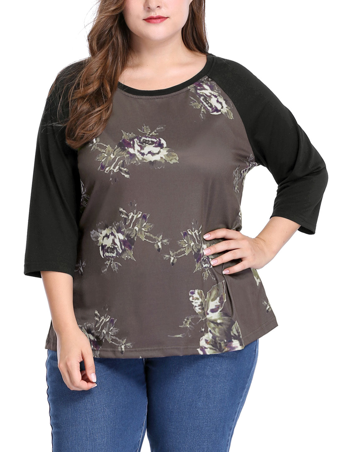 Women's Plus Size Raglan Crewneck 3/4 Sleeve Tunic Tee Shirt Floral Print T-Shirt Casual Top