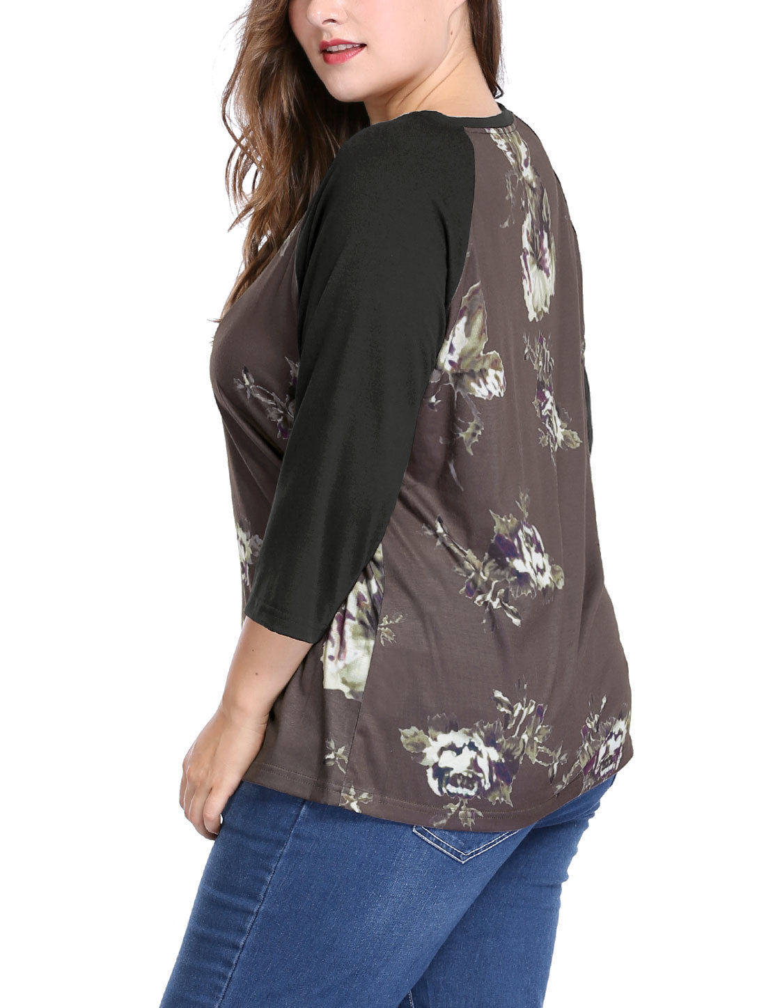 Women's Plus Size Raglan Crewneck 3/4 Sleeve Tunic Tee Shirt Floral Print T-Shirt Casual Top