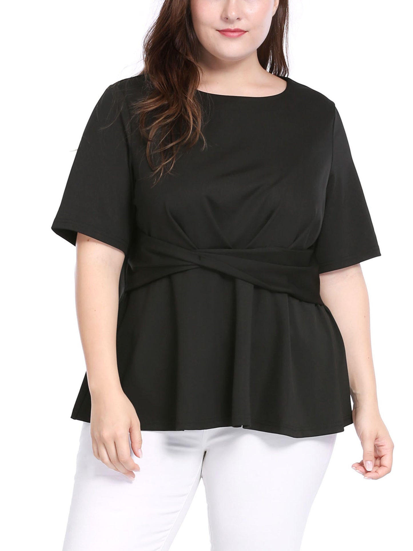 Women's Plus Size Short Sleeves Twisted Knot Front Peplum Top