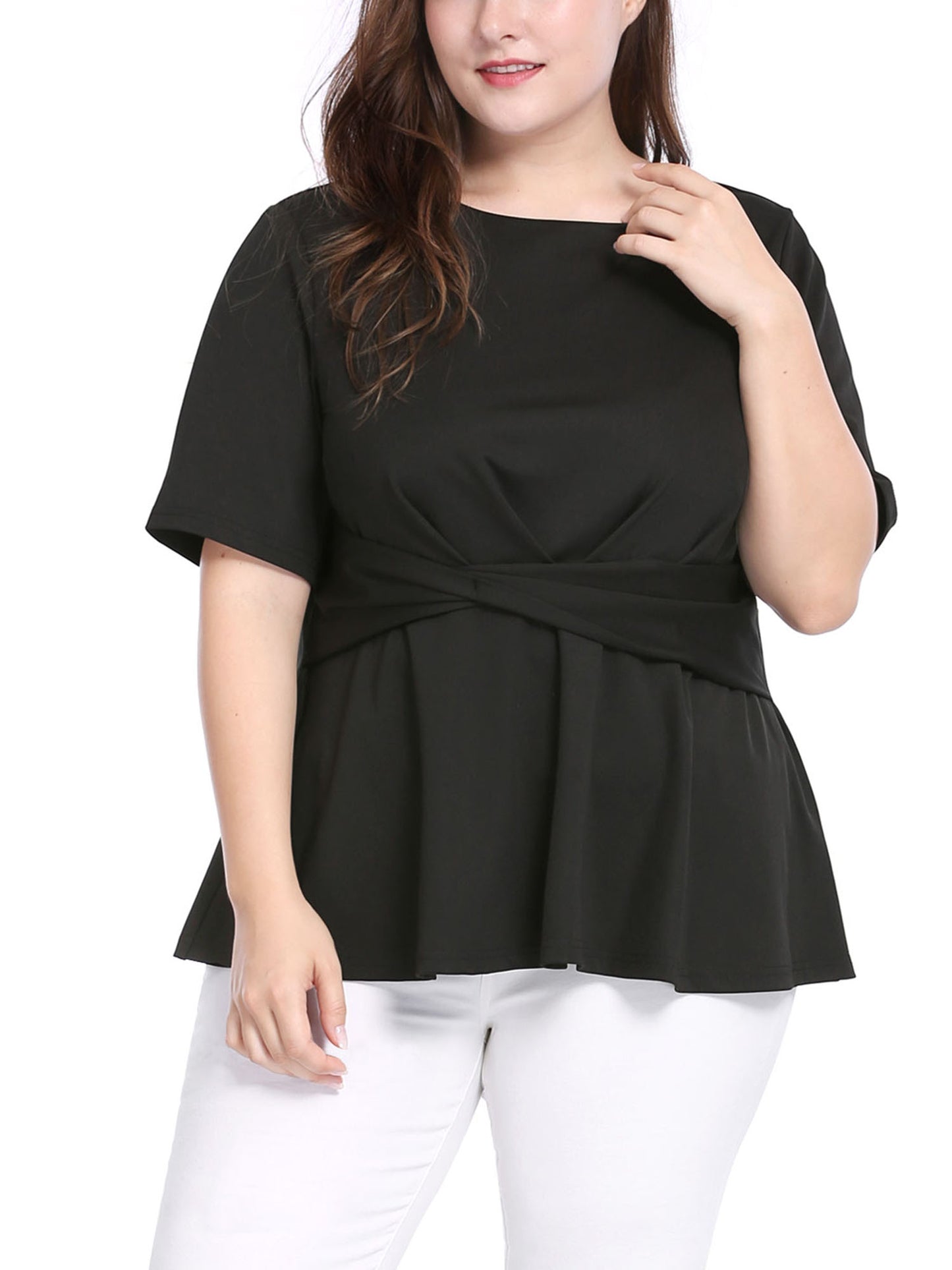 Women's Plus Size Short Sleeves Twisted Knot Front Peplum Top