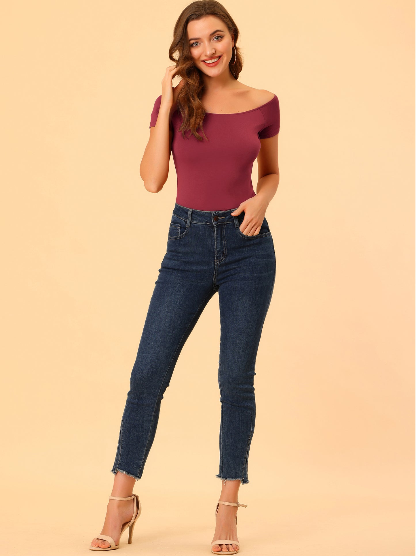 Women's Off Shoulder Top Short Sleeve Solid Basic Slim Fit Tees