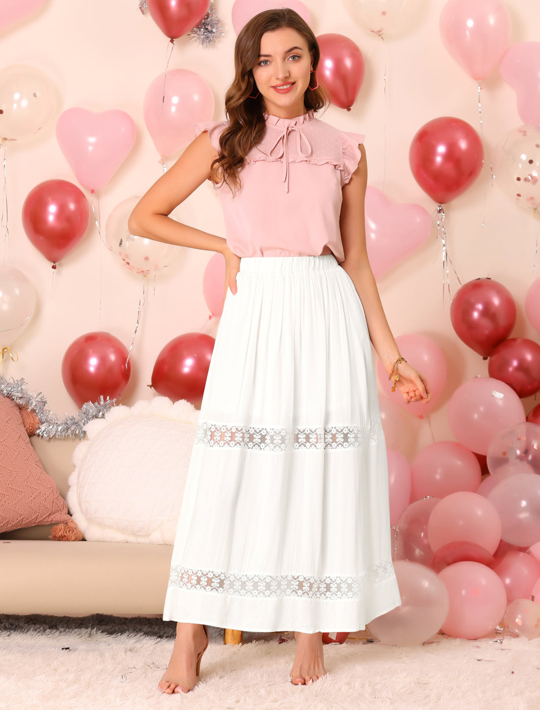 Women's Long Skirts Elastic Waist Swing A-Line Lace Insert Maxi Skirt (Available in Plus Size)