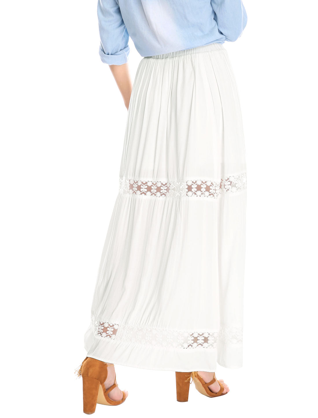 Women's Long Skirts Elastic Waist Swing A-Line Lace Insert Maxi Skirt (Available in Plus Size)