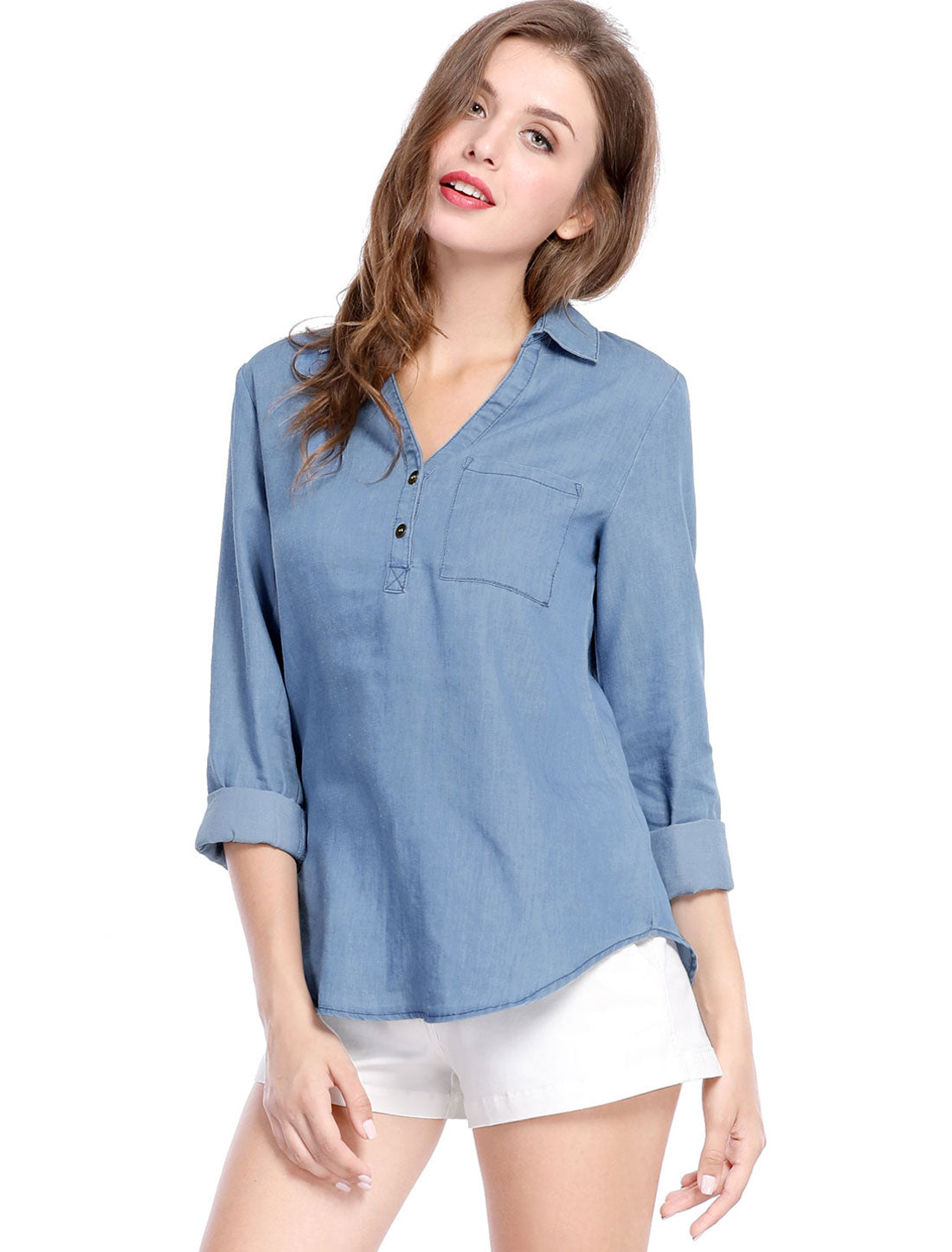 Women's Half Placket Long Sleeves Pocket Shirt