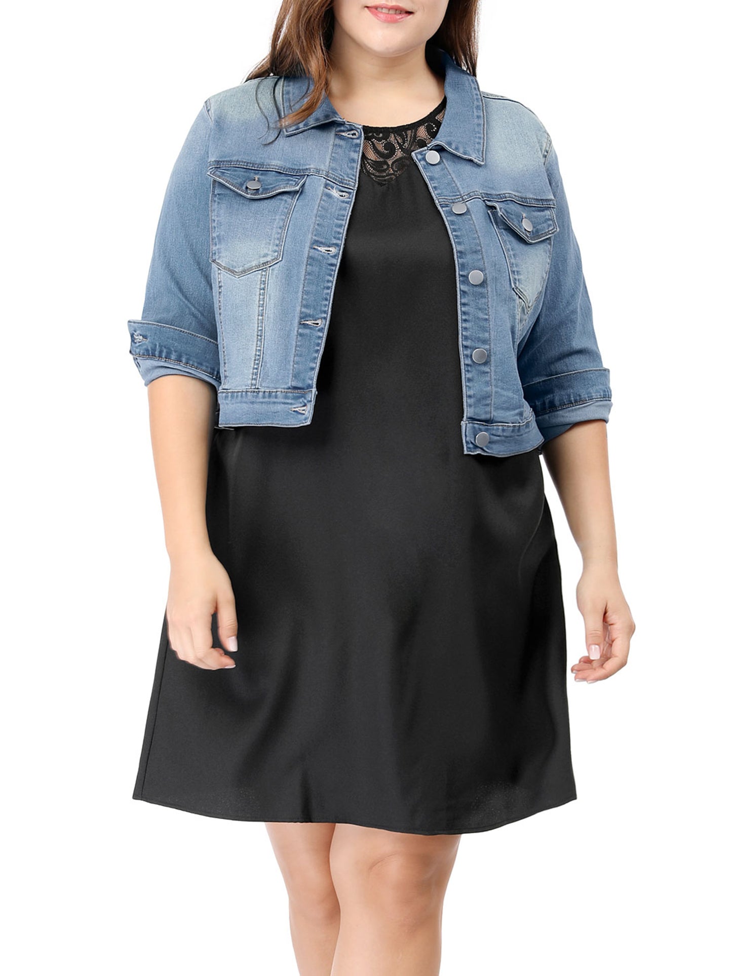 Women's Plus Size Button Closed Cropped Stitching Denim Jacket