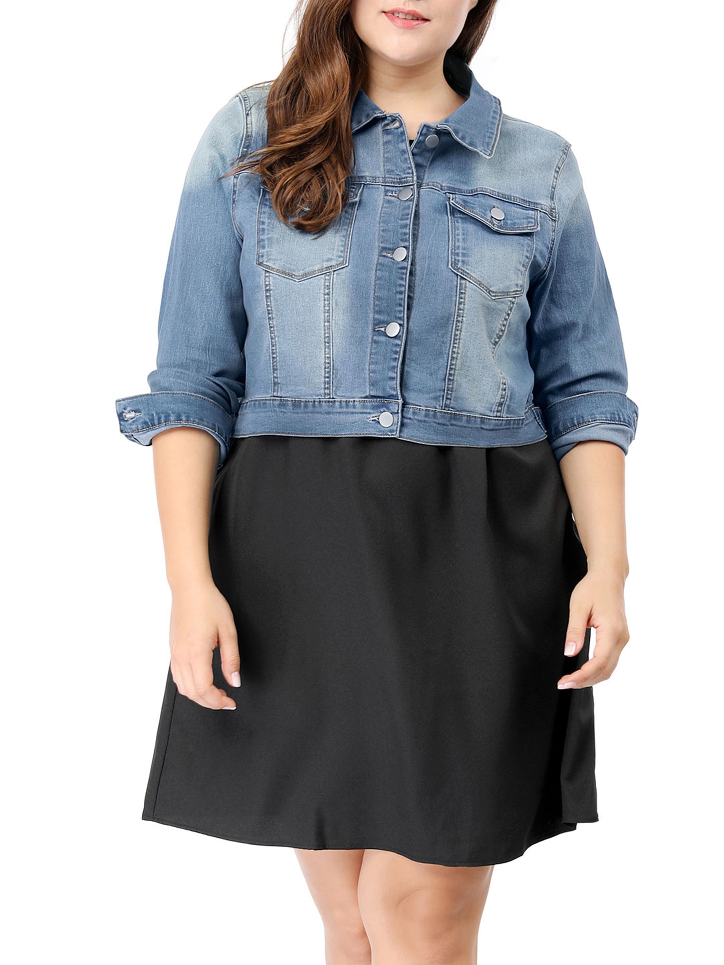Women's Plus Size Button Closed Cropped Stitching Denim Jacket