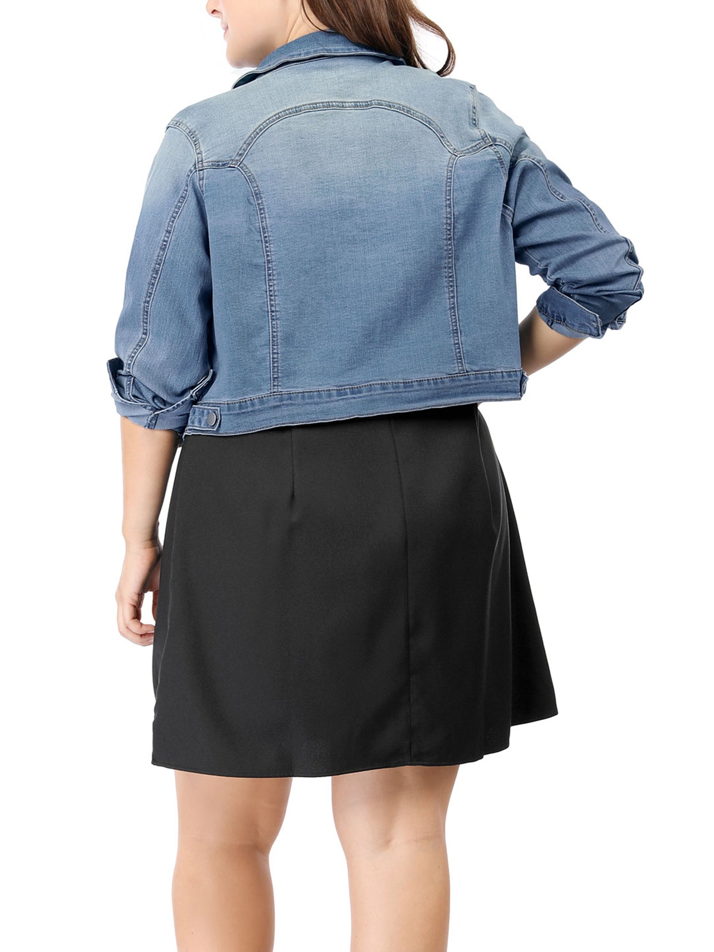 Women's Plus Size Button Closed Cropped Stitching Denim Jacket