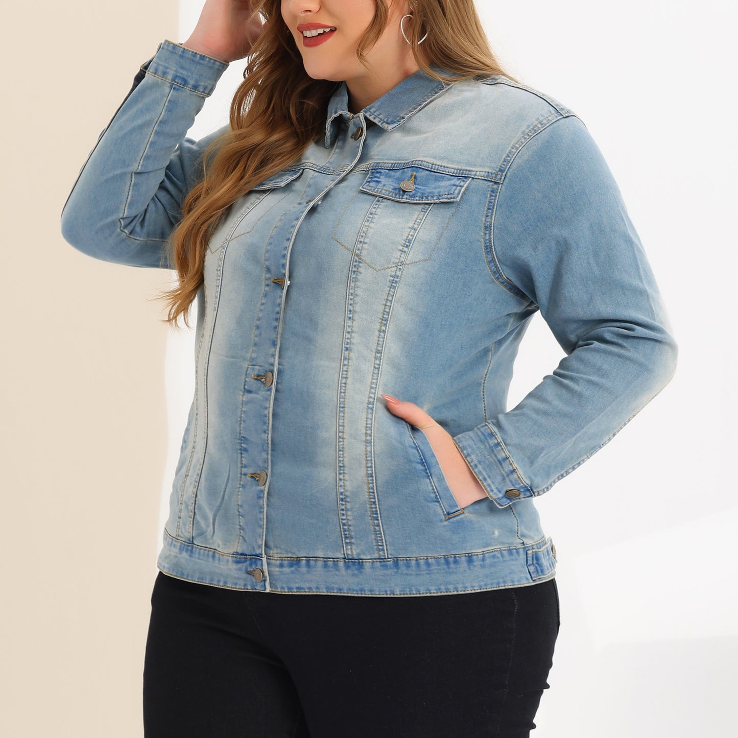 Women's Plus Size Jean Jacket Stitching Button Front Washed Denim Jacket