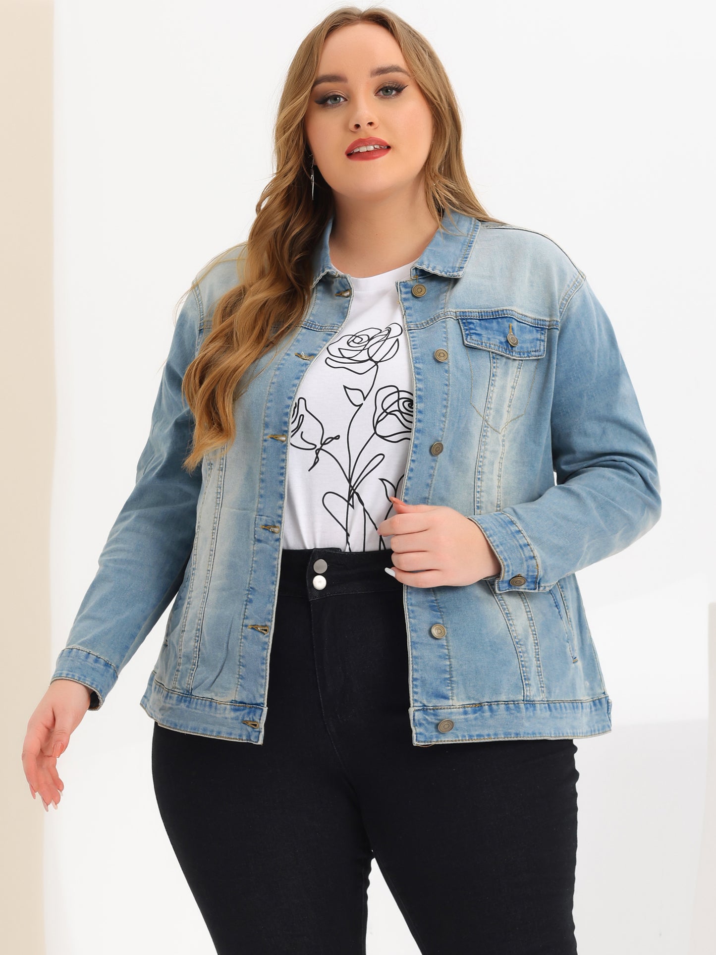 Women's Plus Size Jean Jacket Stitching Button Front Washed Denim Jacket