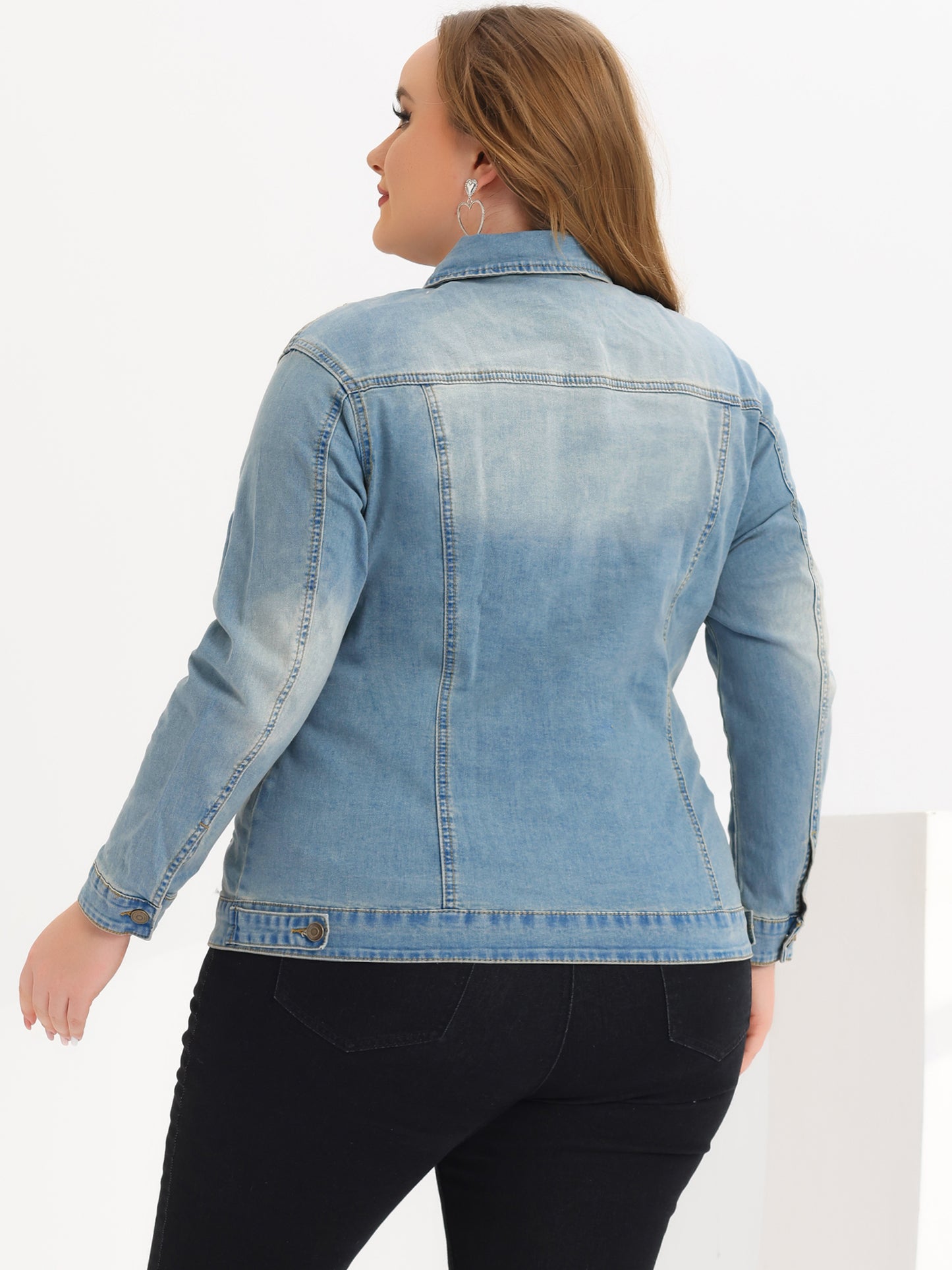 Women's Plus Size Jean Jacket Stitching Button Front Washed Denim Jacket