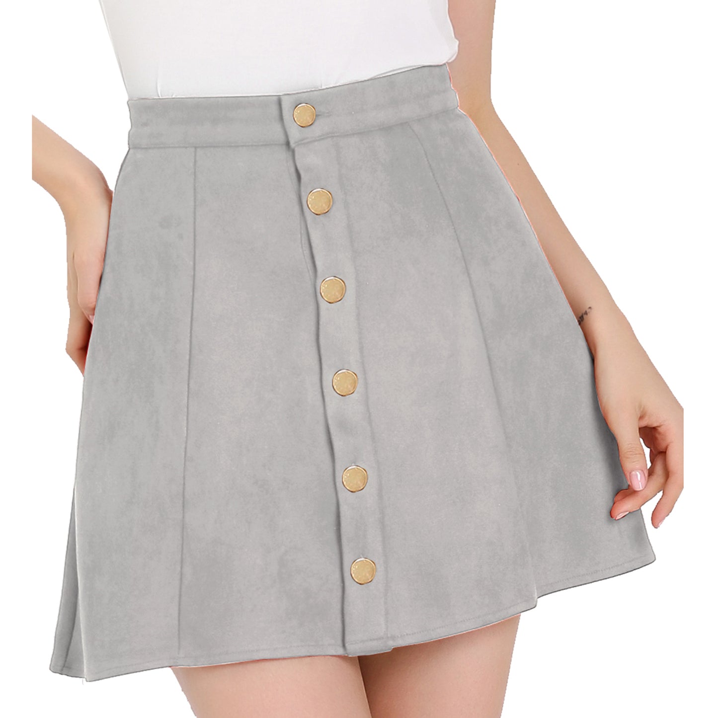 Women's Faux Suede Button A-Line High Waisted Flared Mini Short Skirt