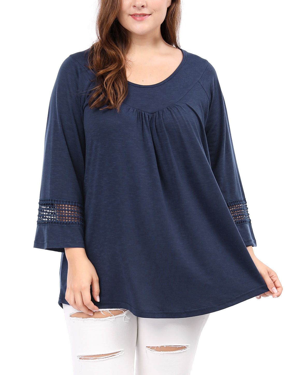 Women's Plus Size Tops Long Sleeve Crochet Panel Hollow Out Pleated Tunics Blouse