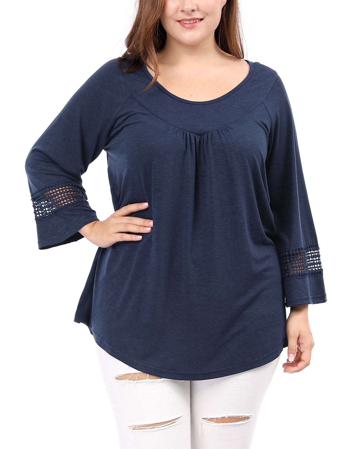 Women's Plus Size Tops Long Sleeve Crochet Panel Hollow Out Pleated Tunics Blouse