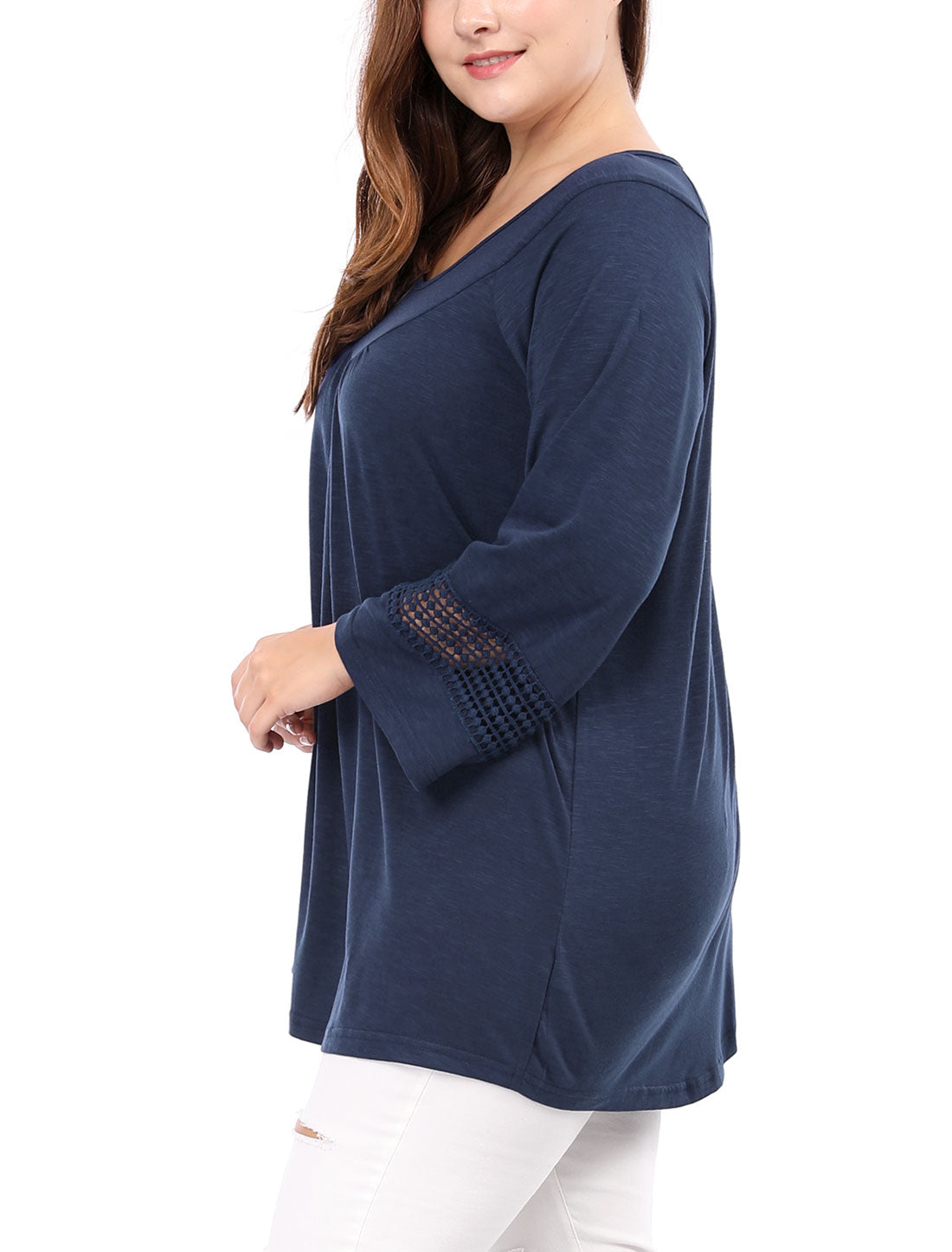 Women's Plus Size Tops Long Sleeve Crochet Panel Hollow Out Pleated Tunics Blouse