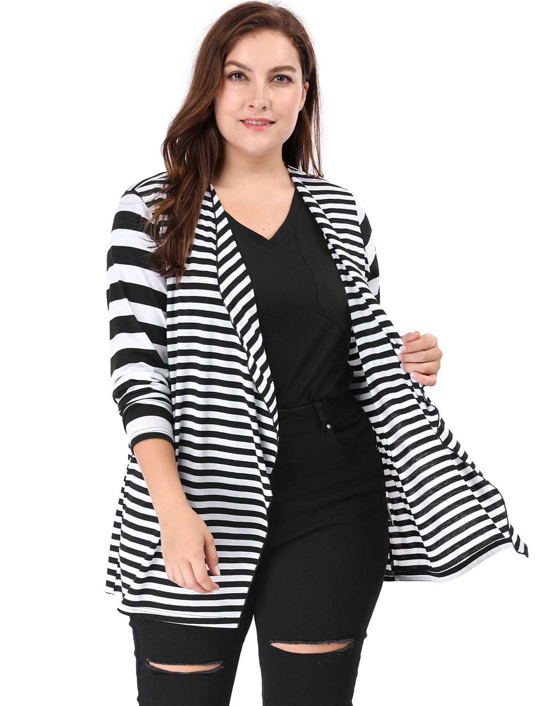 Women Plus Size Cardigan Casual Striped Work Open Front Cardigan