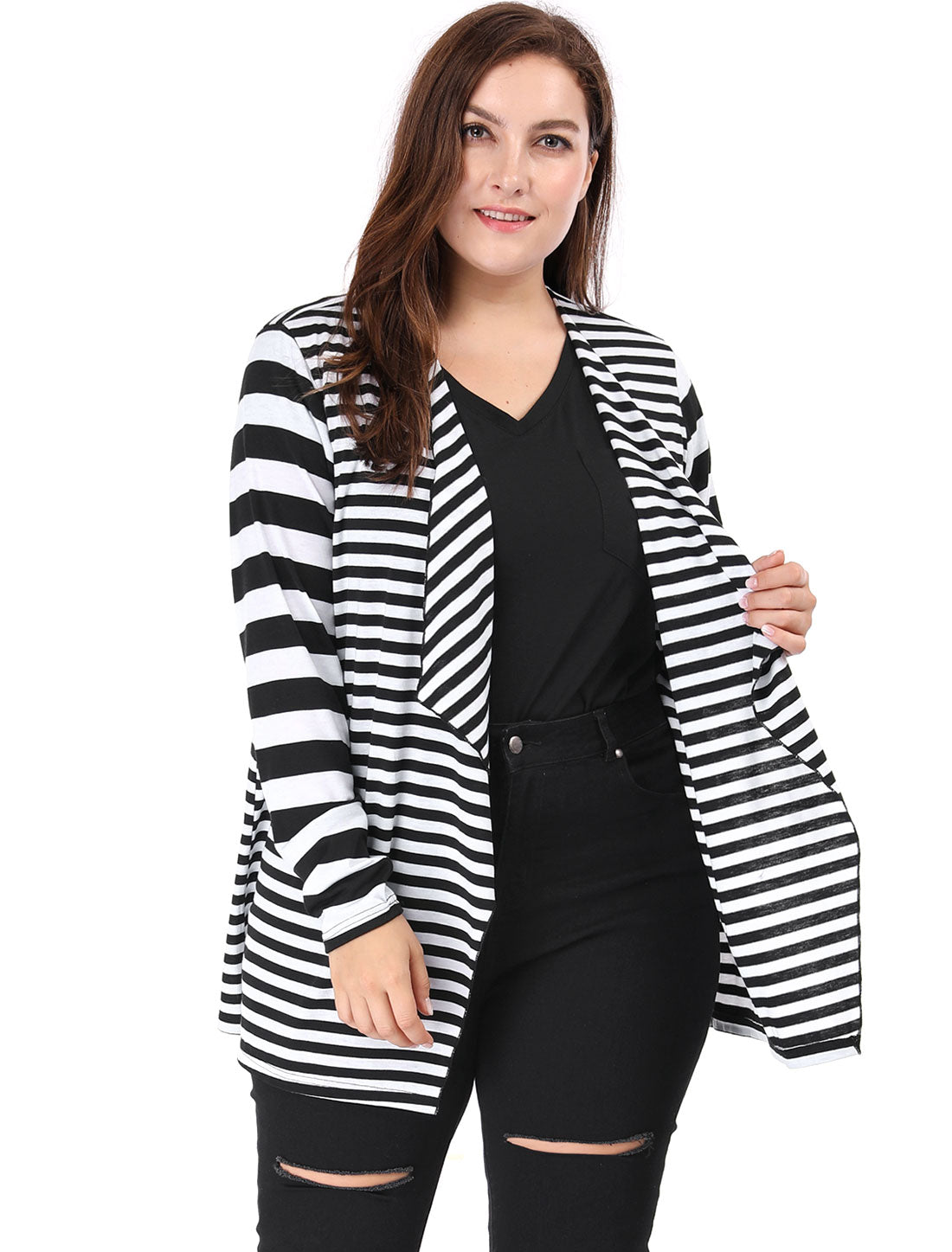 Women Plus Size Cardigan Casual Striped Work Open Front Cardigan