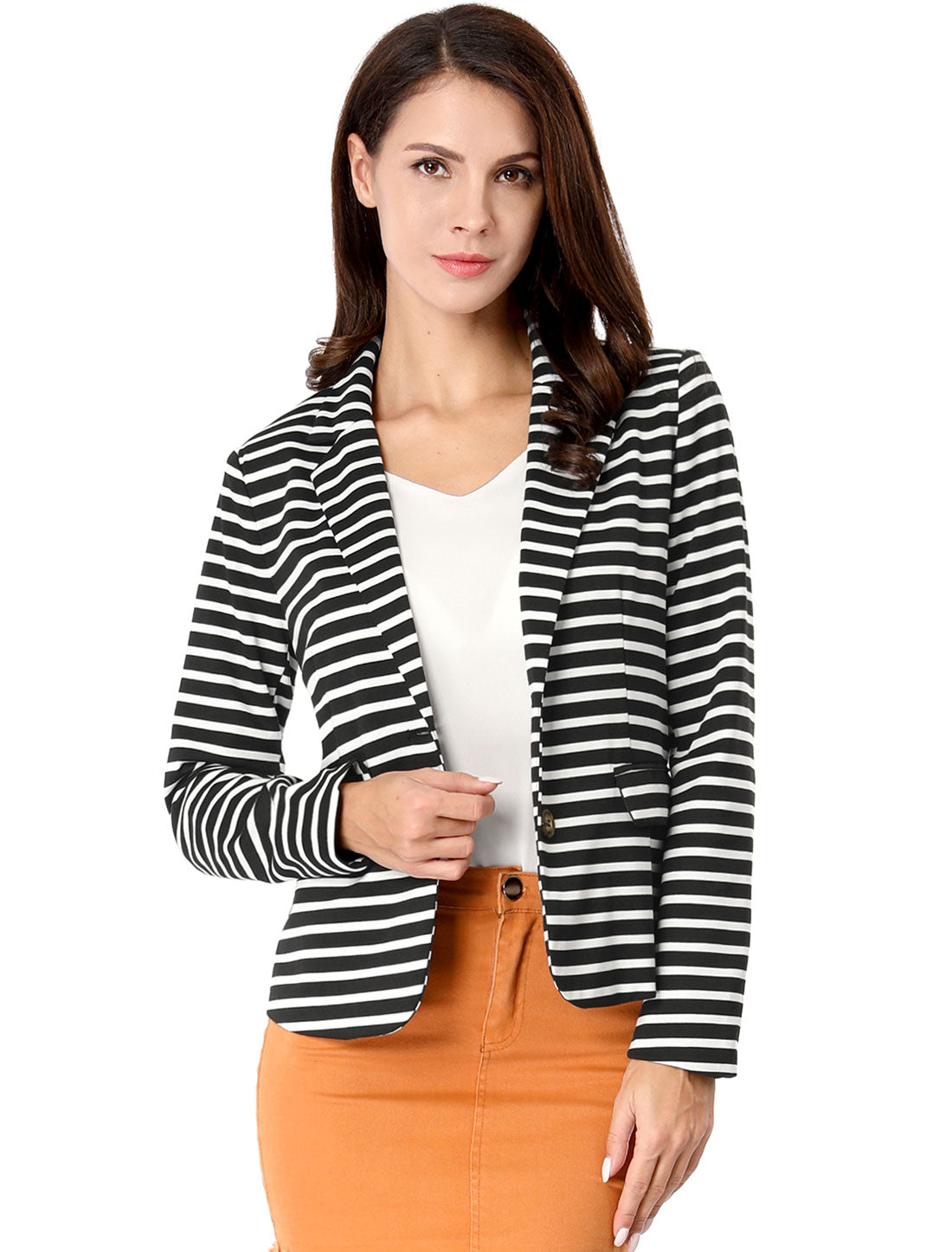 Women's Business Casual Notched Lapel Pocket Button Closure Striped Blazer (Available in Plus Size)