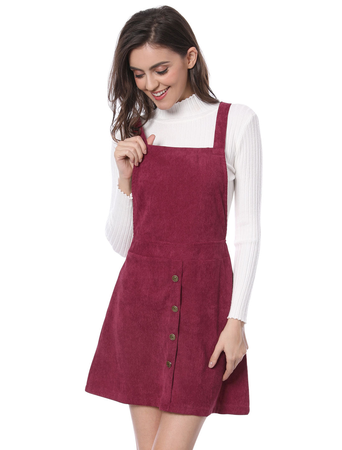 Vestido tipo pichi de pana con botones en la parte delantera, corte A y pechera para mujer