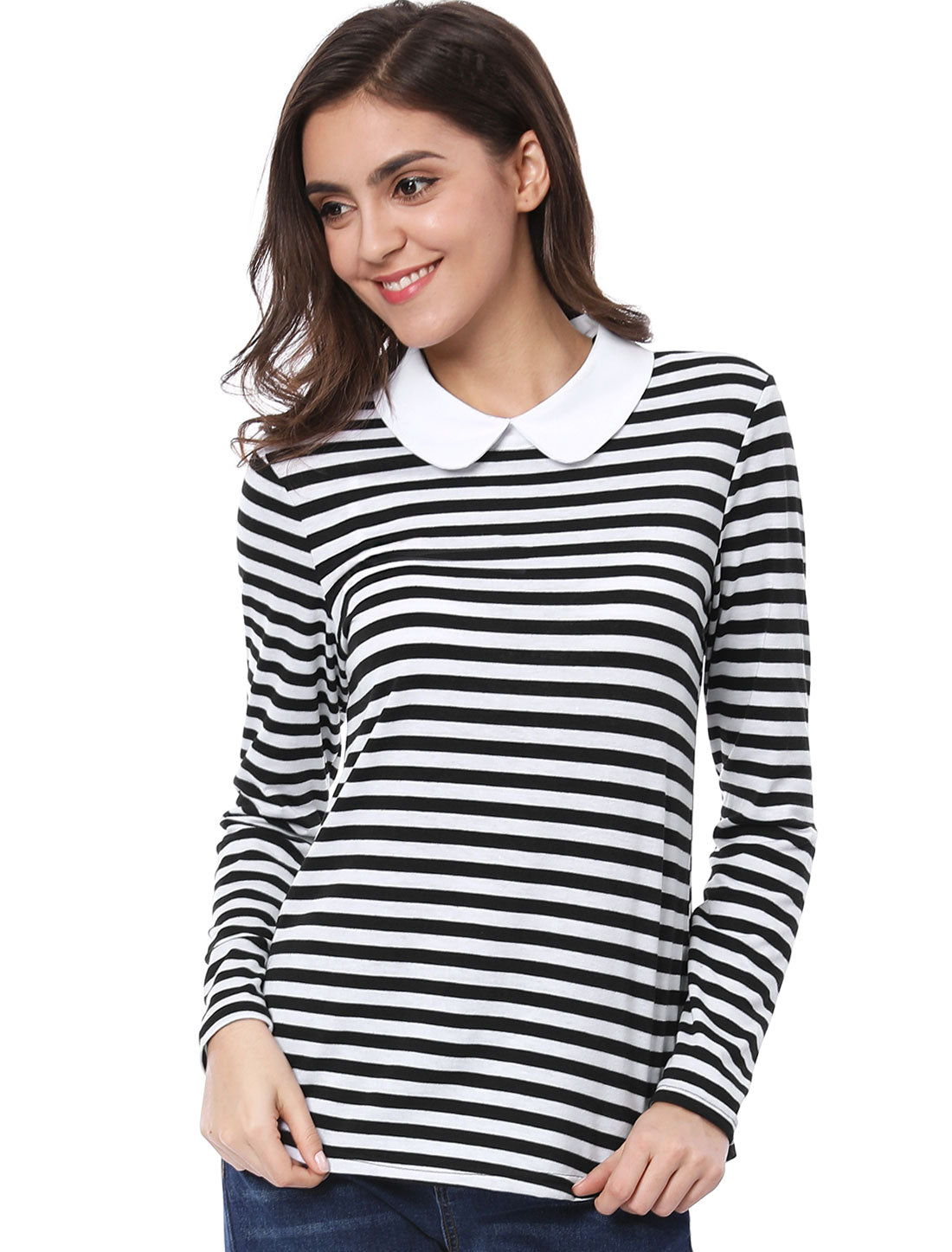 Women's Contrast Collar Long Sleeves Peter Pan Collar Striped Shirt Top