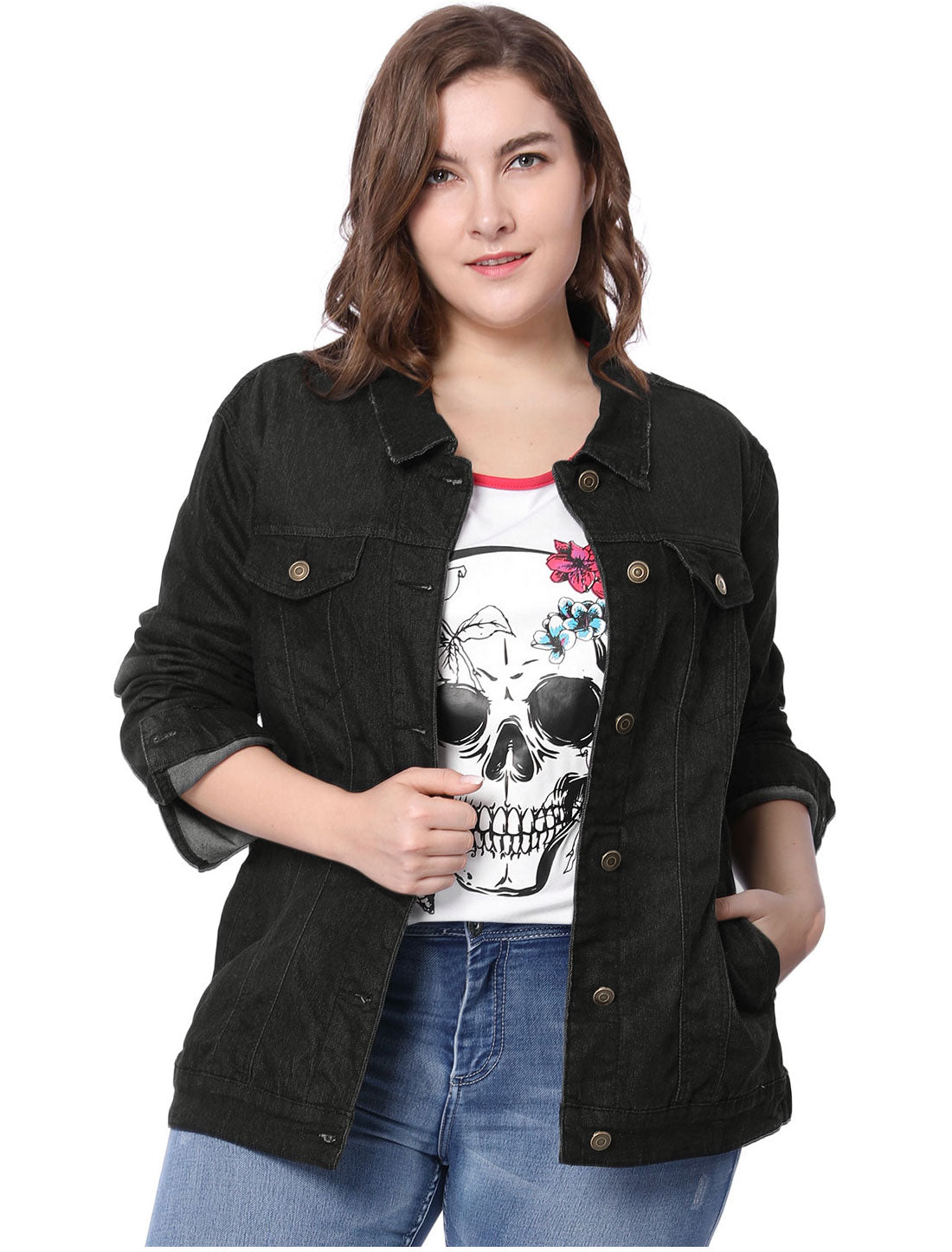 Women's Plus Size Jean Jacket Stitching Button Front Washed Denim Jacket
