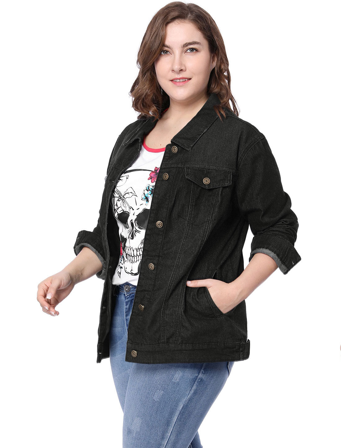 Women's Plus Size Jean Jacket Stitching Button Front Washed Denim Jacket