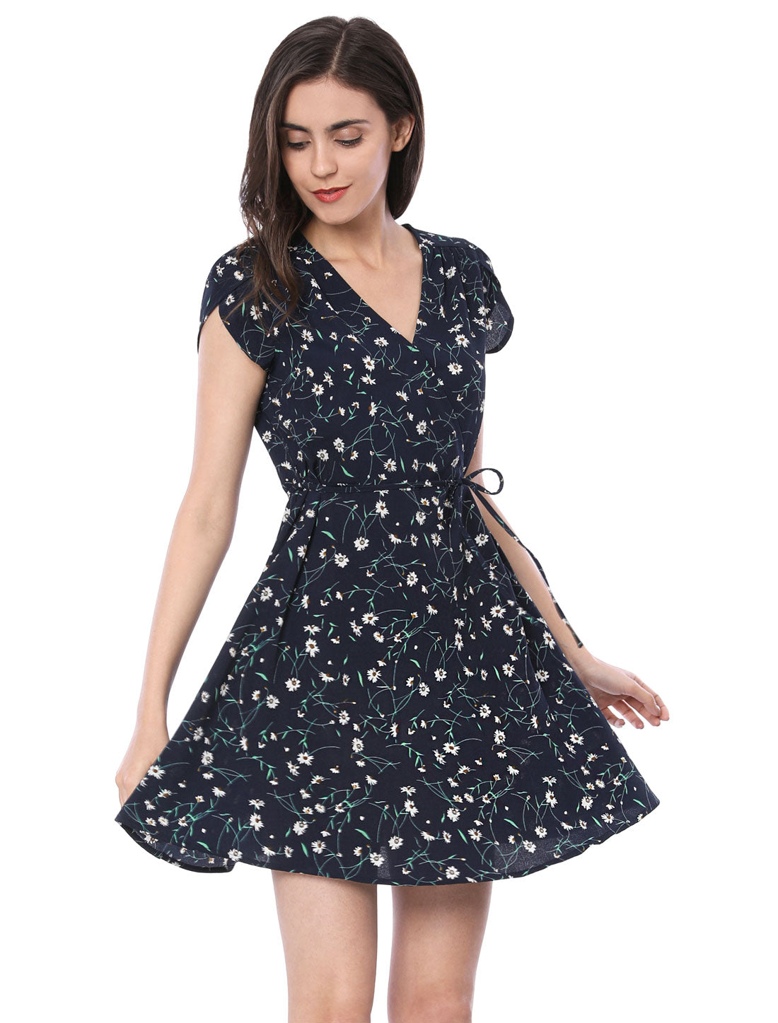 Women's Boho Crossover V Neck Petal Sleeves Belted Floral Flowy Dress