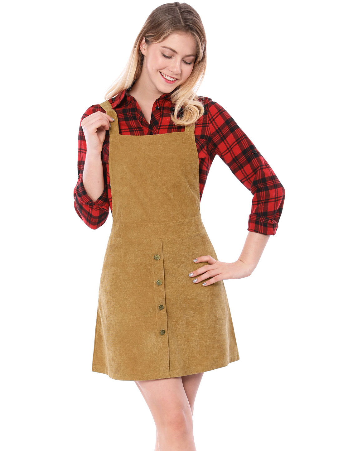 Vestido tipo pichi de pana con botones en la parte delantera, corte A y pechera para mujer