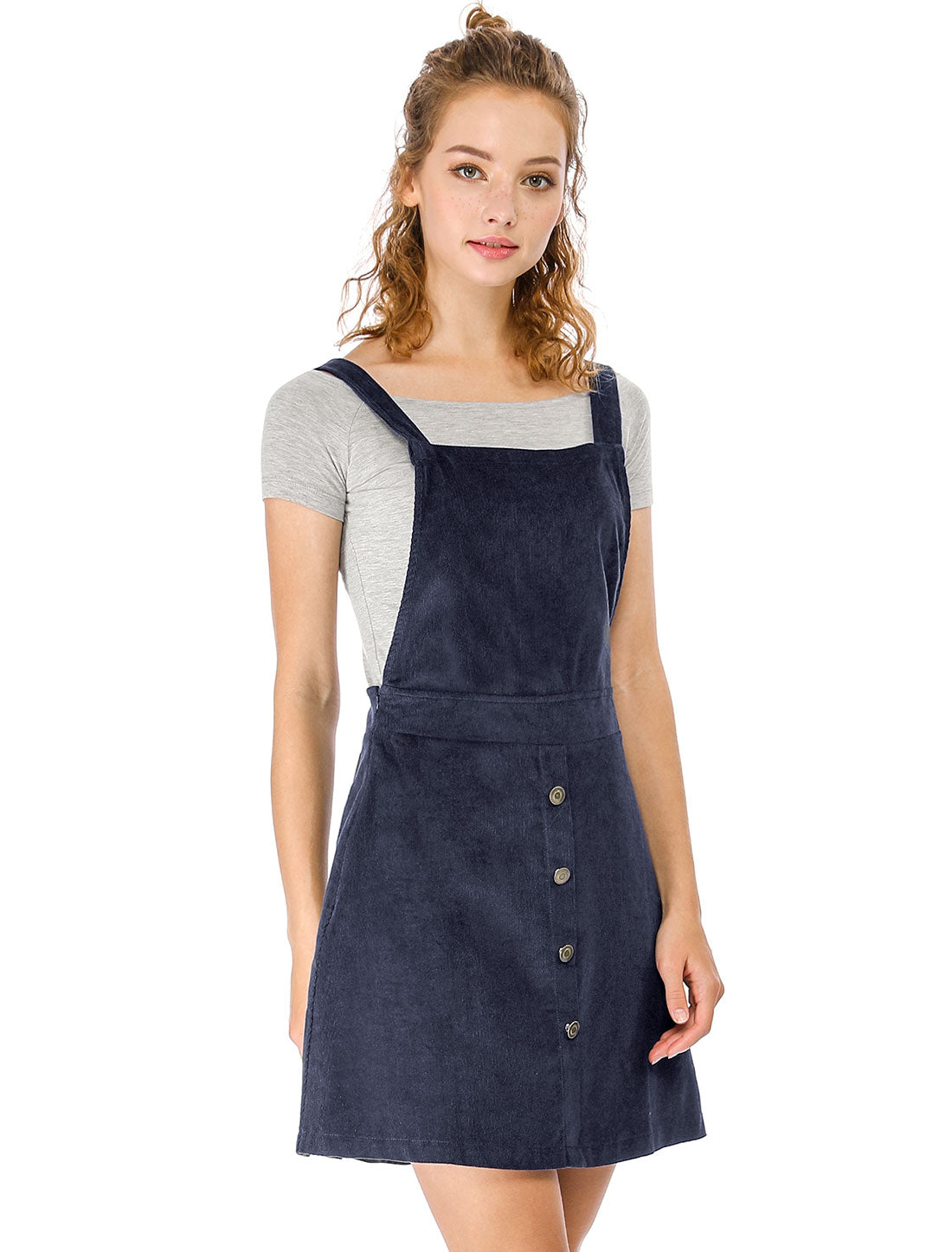 Vestido tipo pichi de pana con botones en la parte delantera, corte A y pechera para mujer
