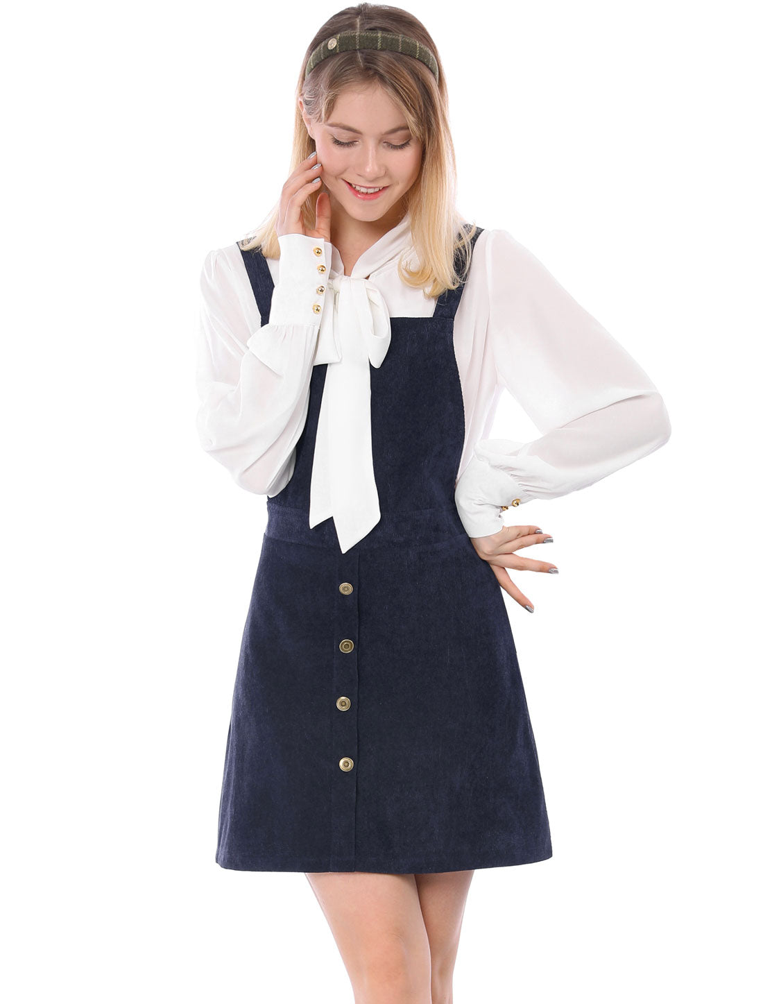 Vestido tipo pichi de pana con botones en la parte delantera, corte A y pechera para mujer