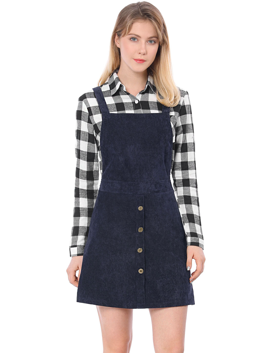 Vestido tipo pichi de pana con botones en la parte delantera, corte A y pechera para mujer