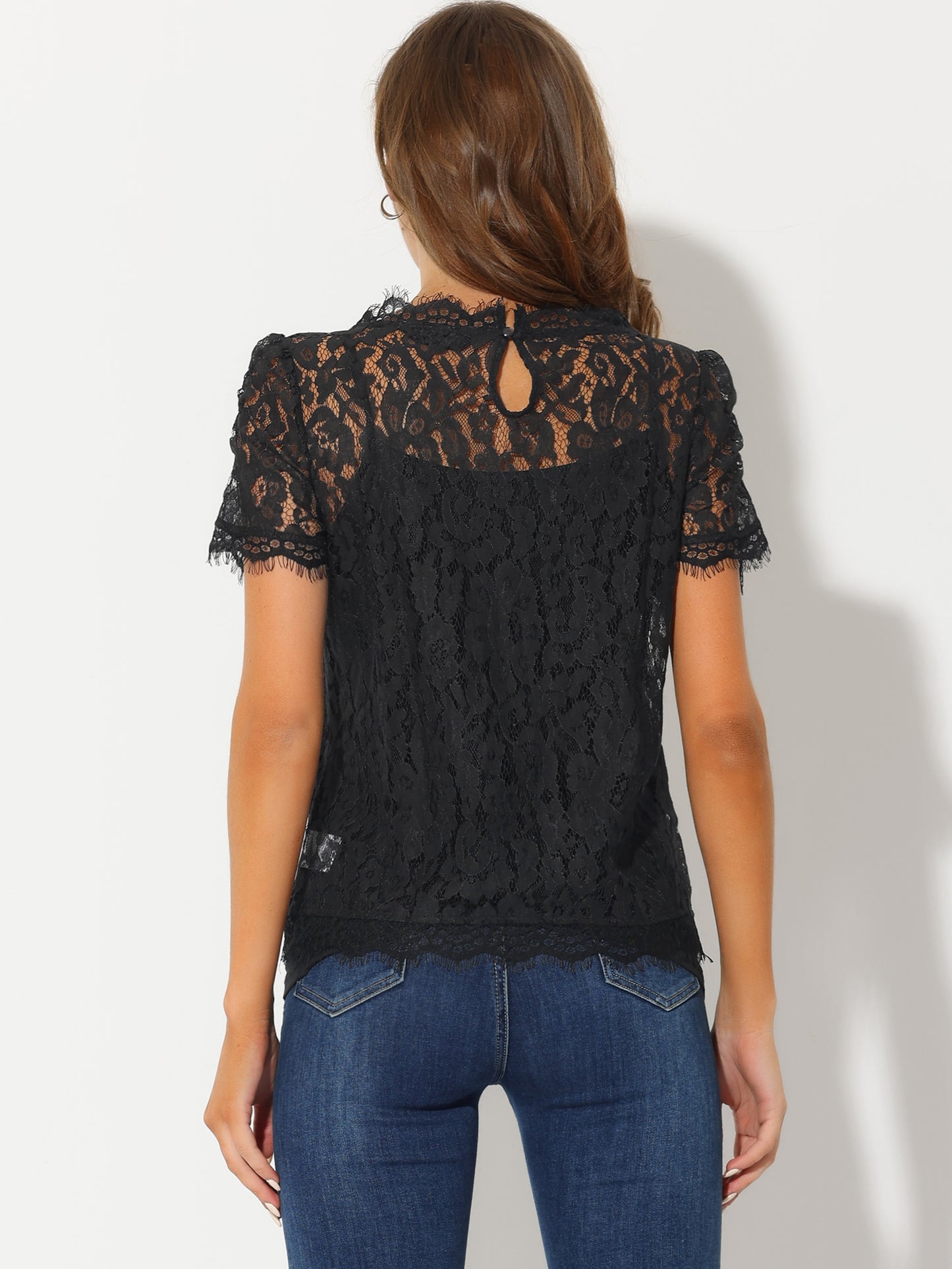 Women's Lace Floral Scalloped Trim Short Sleeve Semi Sheer Top Blouse