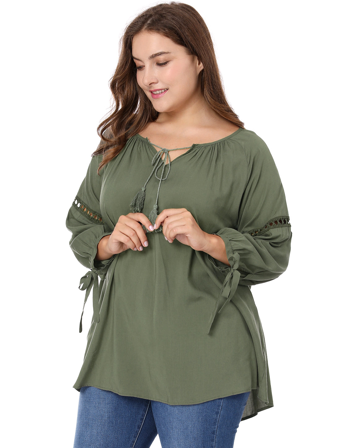 Women's Plus Size Raglan Sleeves Hollow Out Tie Neck Tunic Peasant Top