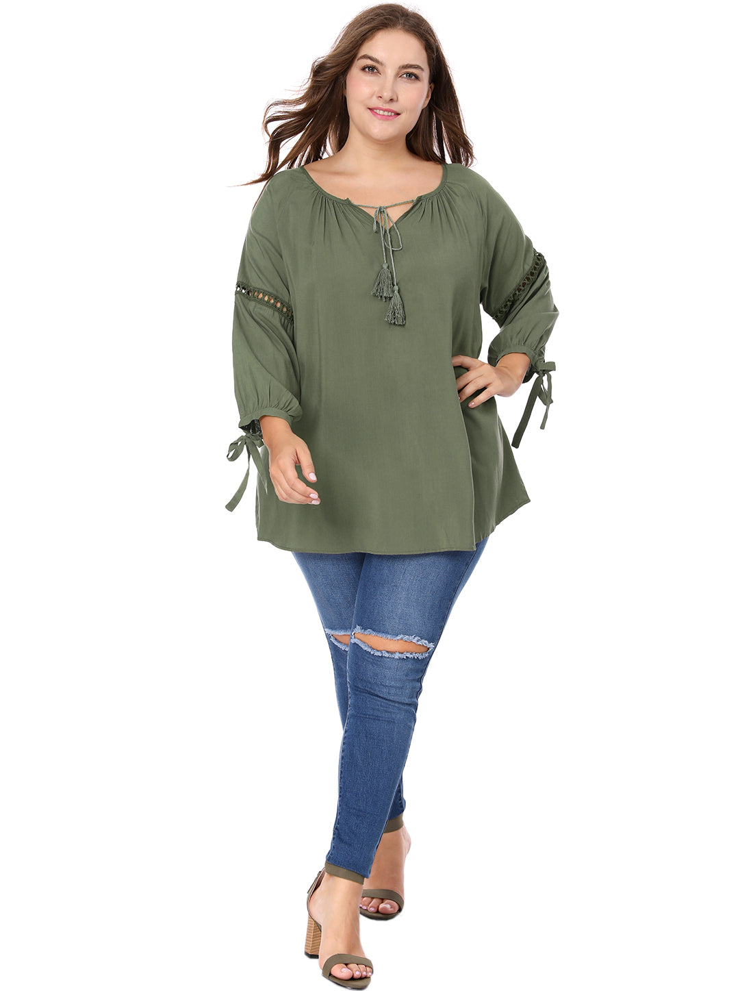 Women's Plus Size Raglan Sleeves Hollow Out Tie Neck Tunic Peasant Top