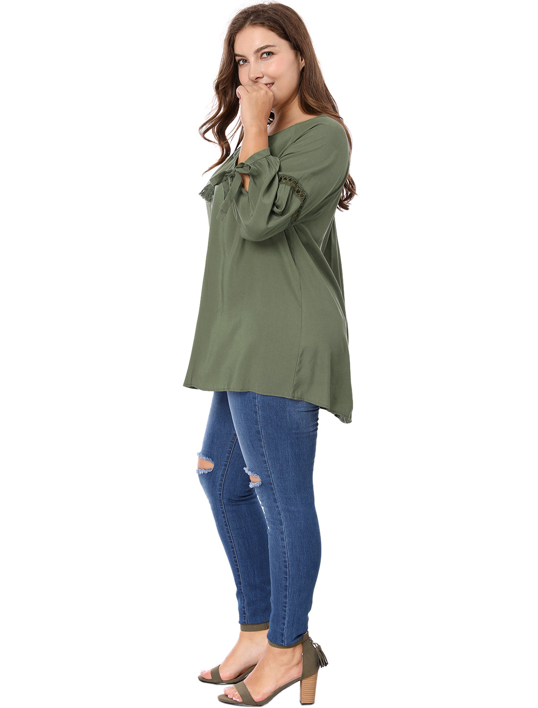 Women's Plus Size Raglan Sleeves Hollow Out Tie Neck Tunic Peasant Top