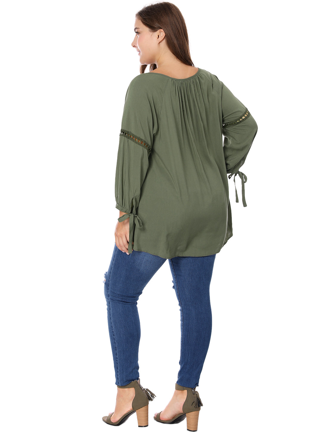 Women's Plus Size Raglan Sleeves Hollow Out Tie Neck Tunic Peasant Top