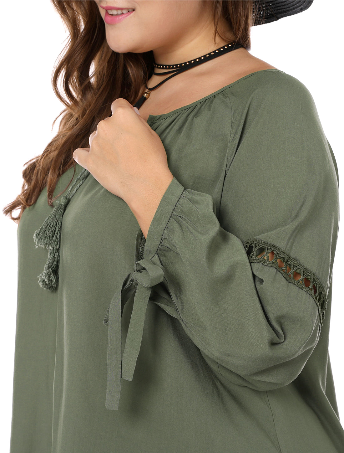 Women's Plus Size Raglan Sleeves Hollow Out Tie Neck Tunic Peasant Top