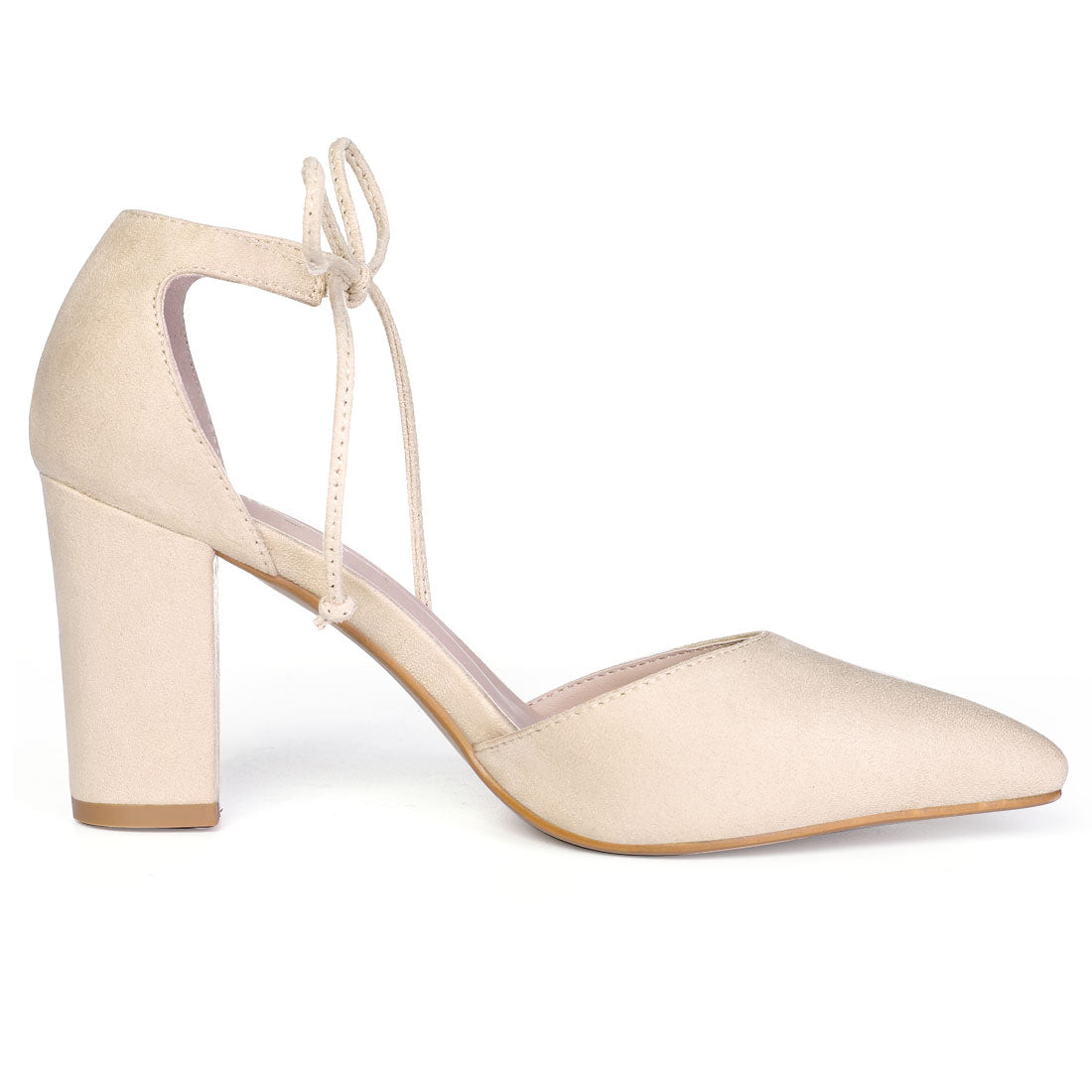 Women Ankle Tie Chunky Heel Pointed Toe Dress Pumps