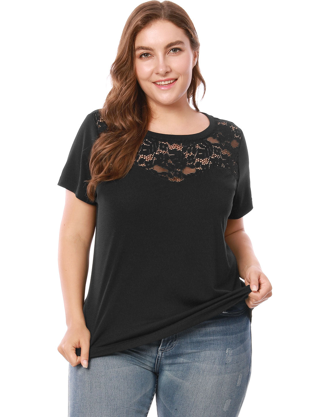 Women's Plus Size Top Casual Tshirt Short Sleeve Hollow Mesh Lace Top