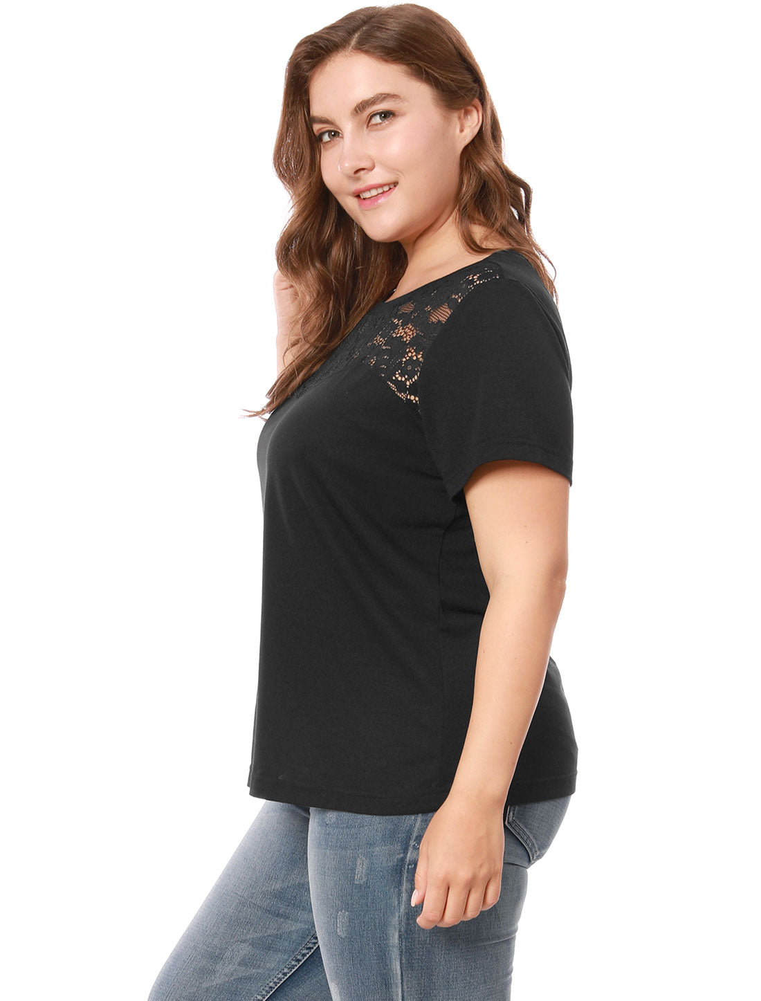 Women's Plus Size Top Casual Tshirt Short Sleeve Hollow Mesh Lace Top