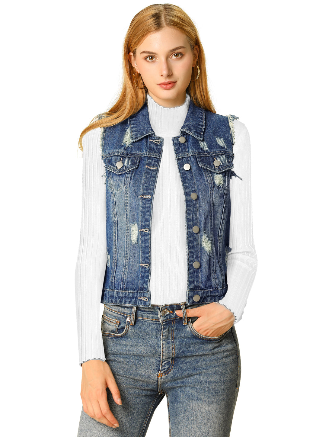 Women's Denim Vests Collared Button Closure Washed Distressed Sleeveless Jean Vest