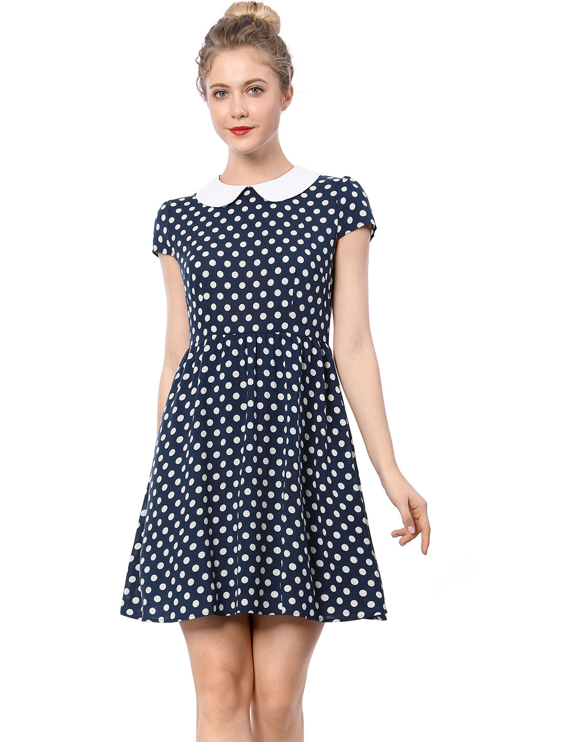 Women's Peter Pan Collar Short Sleeves Contrast A-Line Polka Dots Dress