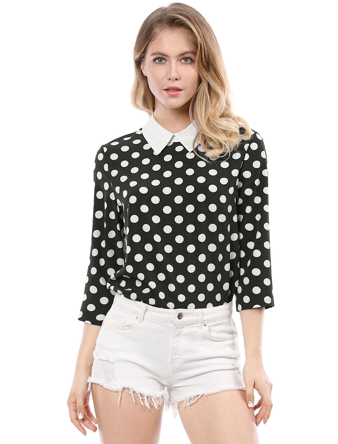 Women's Polka Dots Contrast Peter Pan Collar Top 3/4 Sleeves Blouse Shirt