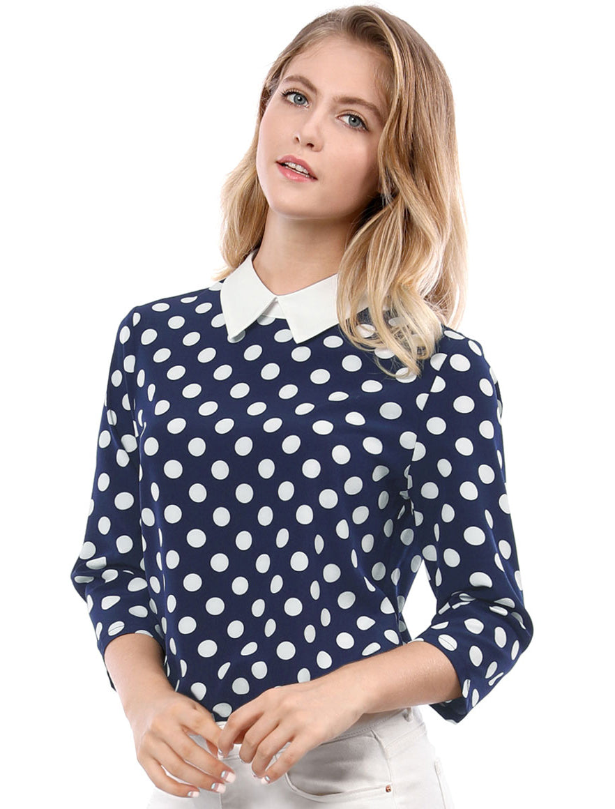 Women's Polka Dots Contrast Peter Pan Collar Top 3/4 Sleeves Blouse Shirt