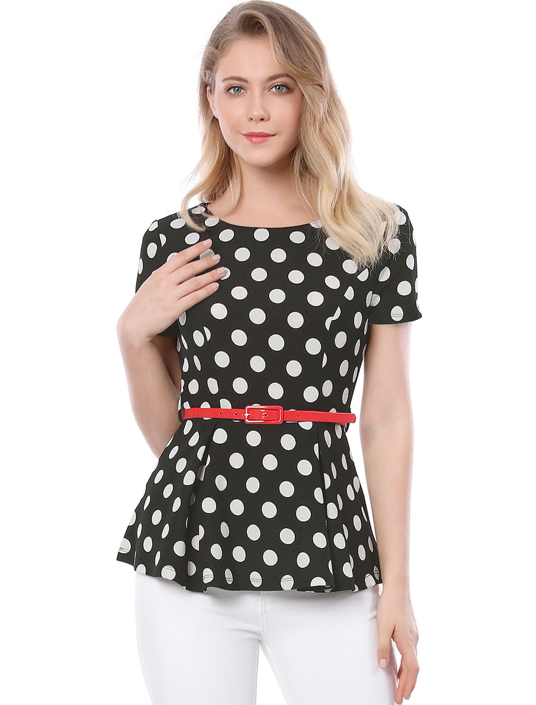 Women's Peplum Top Belted Round Neck Contrast Polka Dots Blouse