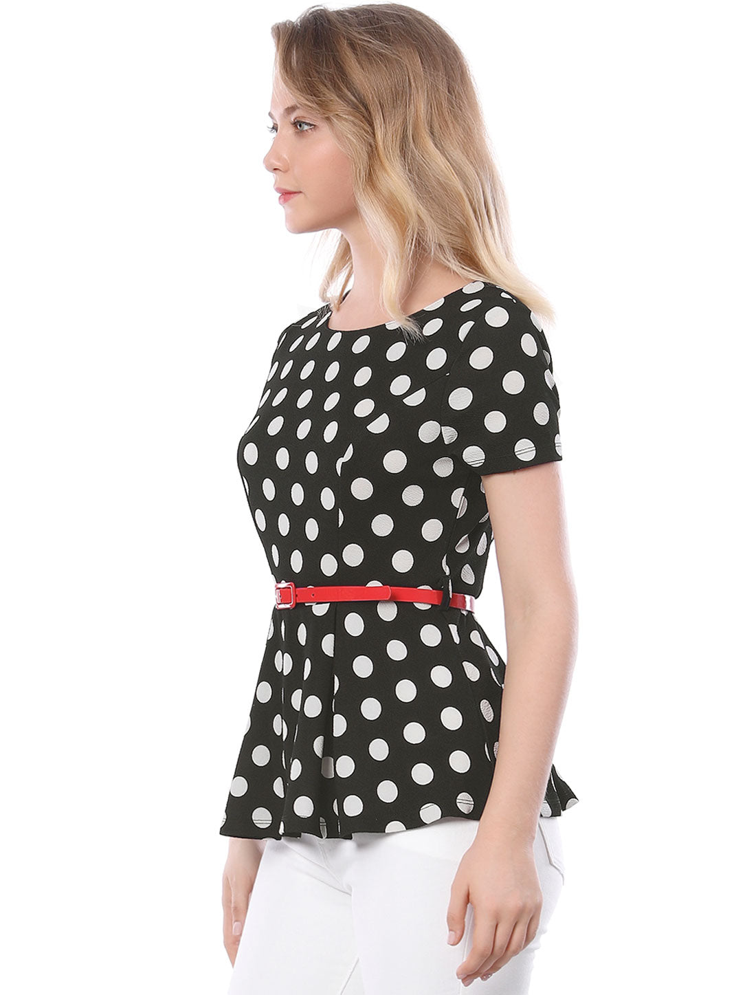 Women's Peplum Top Belted Round Neck Contrast Polka Dots Blouse