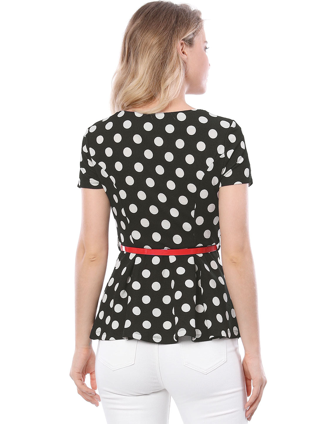 Women's Peplum Top Belted Round Neck Contrast Polka Dots Blouse